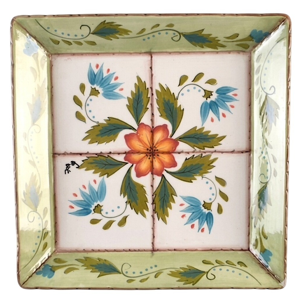 Clay Art Hand Painted Floral Square Ceramic Platter Mediterranean Tile Style